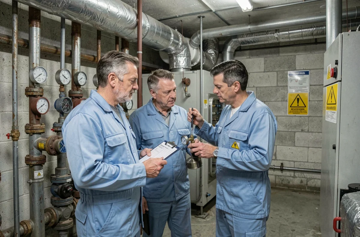 Deux techniciens en maintenance thermique effectuant un contrôle collectif d'une chaufferie industrielle