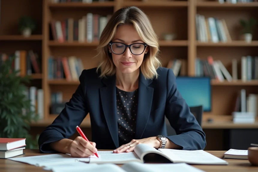 Correctrice professionnelle annotant un document avec un guide stylistique ouvert sur un bureau en bois, illustrant le travail de correction orthographique et grammaticale