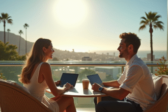 Jeune couple professionnel relaxant sur un balcon en Californie avec vue sur la ville