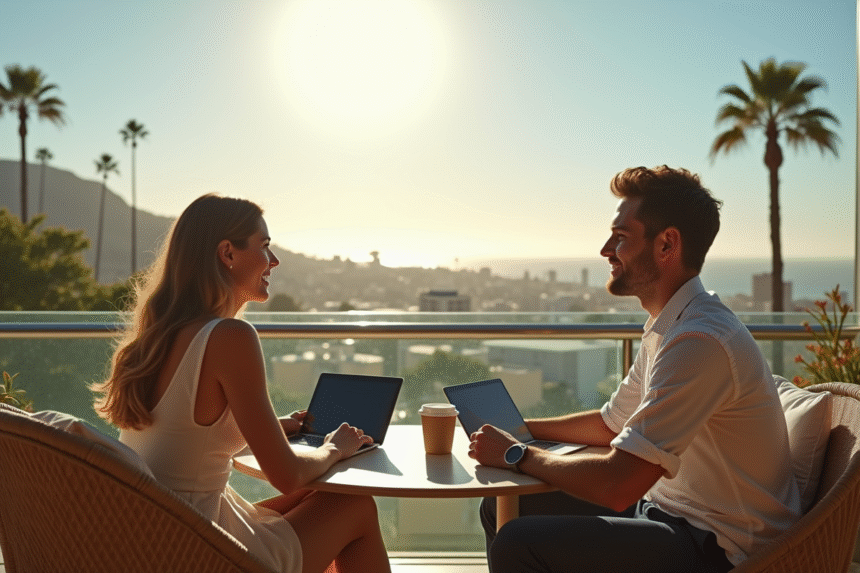 Jeune couple professionnel relaxant sur un balcon en Californie avec vue sur la ville