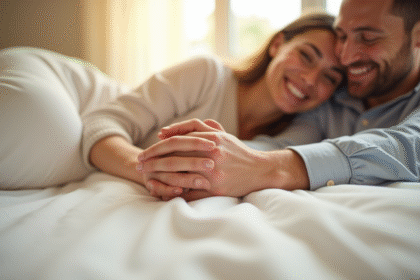 Couple heureux embrassé sur un lit en coton blanc