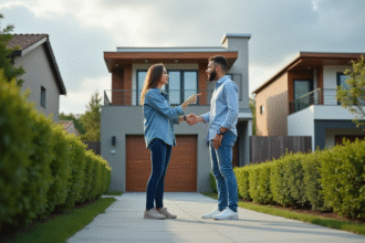 Jeune couple devant maison moderne dans quartier résidentiel