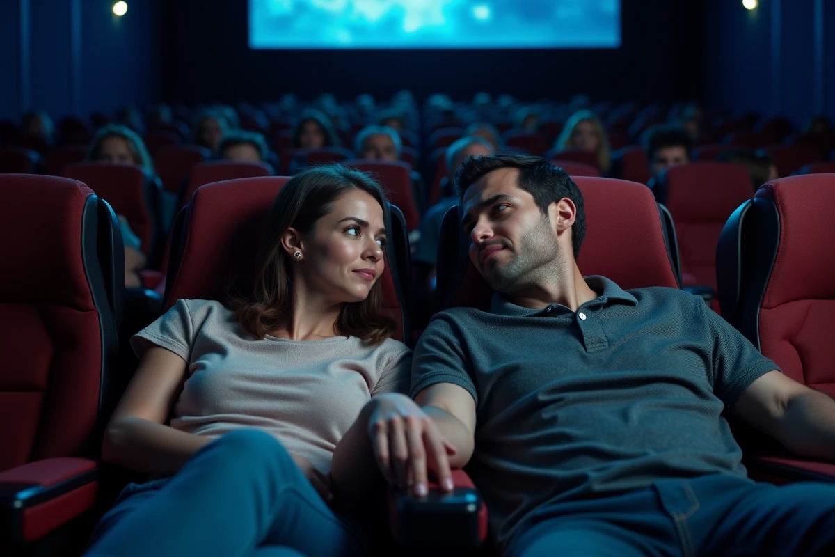Couple dans un cinéma 4DX, la femme nauséeuse soutenue par son partenaire inquiet pendant la séance