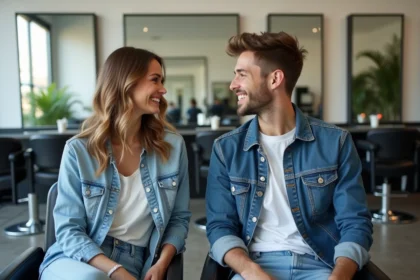 Couple souriant dans un salon de coiffure moderne