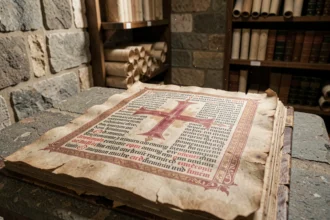 Manuscrit médiéval enluminé présentant une croix des templiers en encre cramoisie sur parchemin jauni dans un scriptorium en pierre