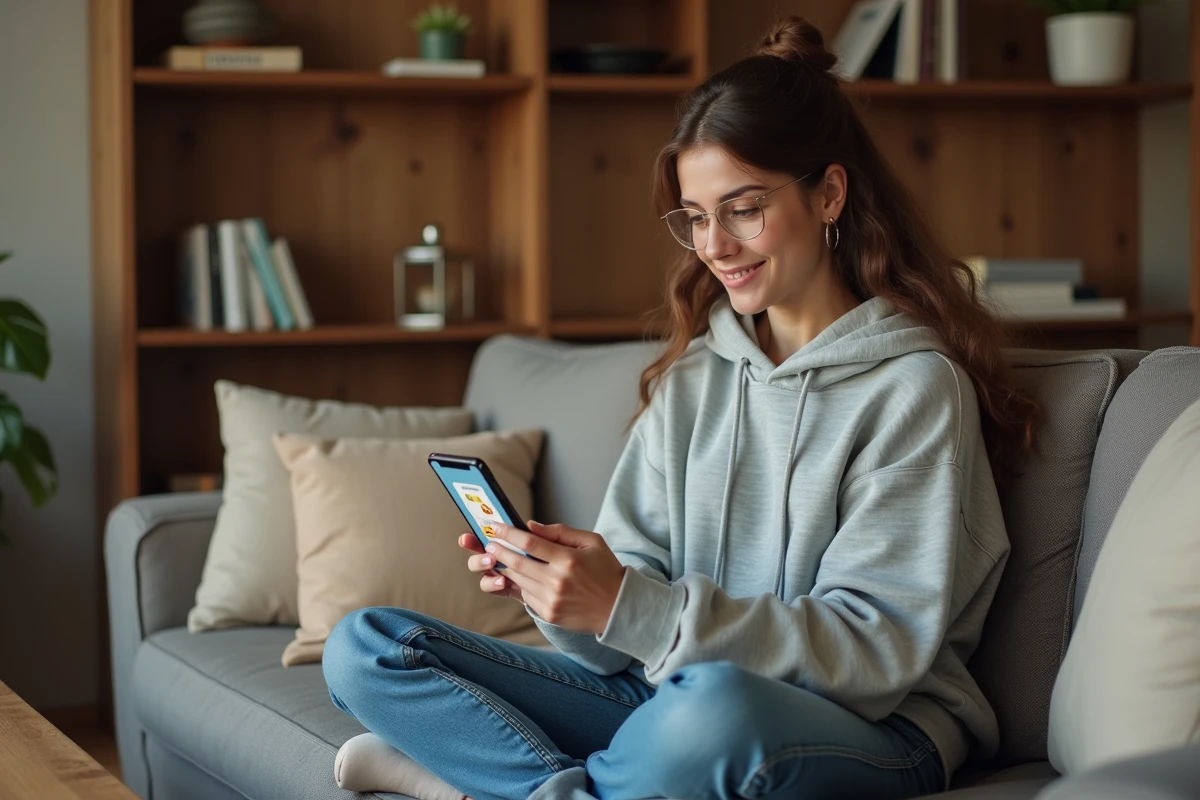 Jeune femme créant et personnalisant une cybercarte animée sur application mobile depuis son canapé