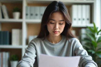 Jeune femme débutante lisant attentivement un guide imprimé sur epsilonscan FR à son bureau à domicile