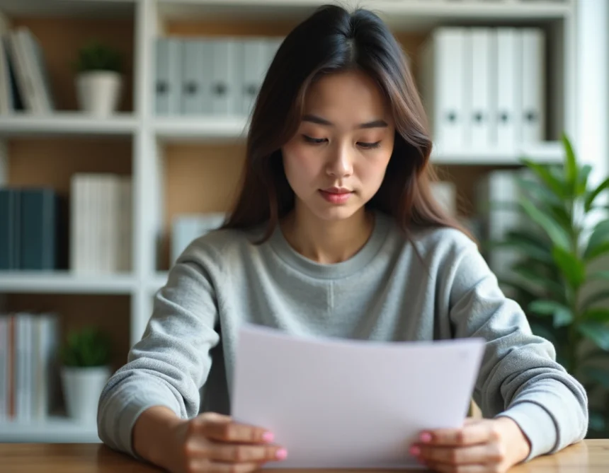 Jeune femme débutante lisant attentivement un guide imprimé sur epsilonscan FR à son bureau à domicile