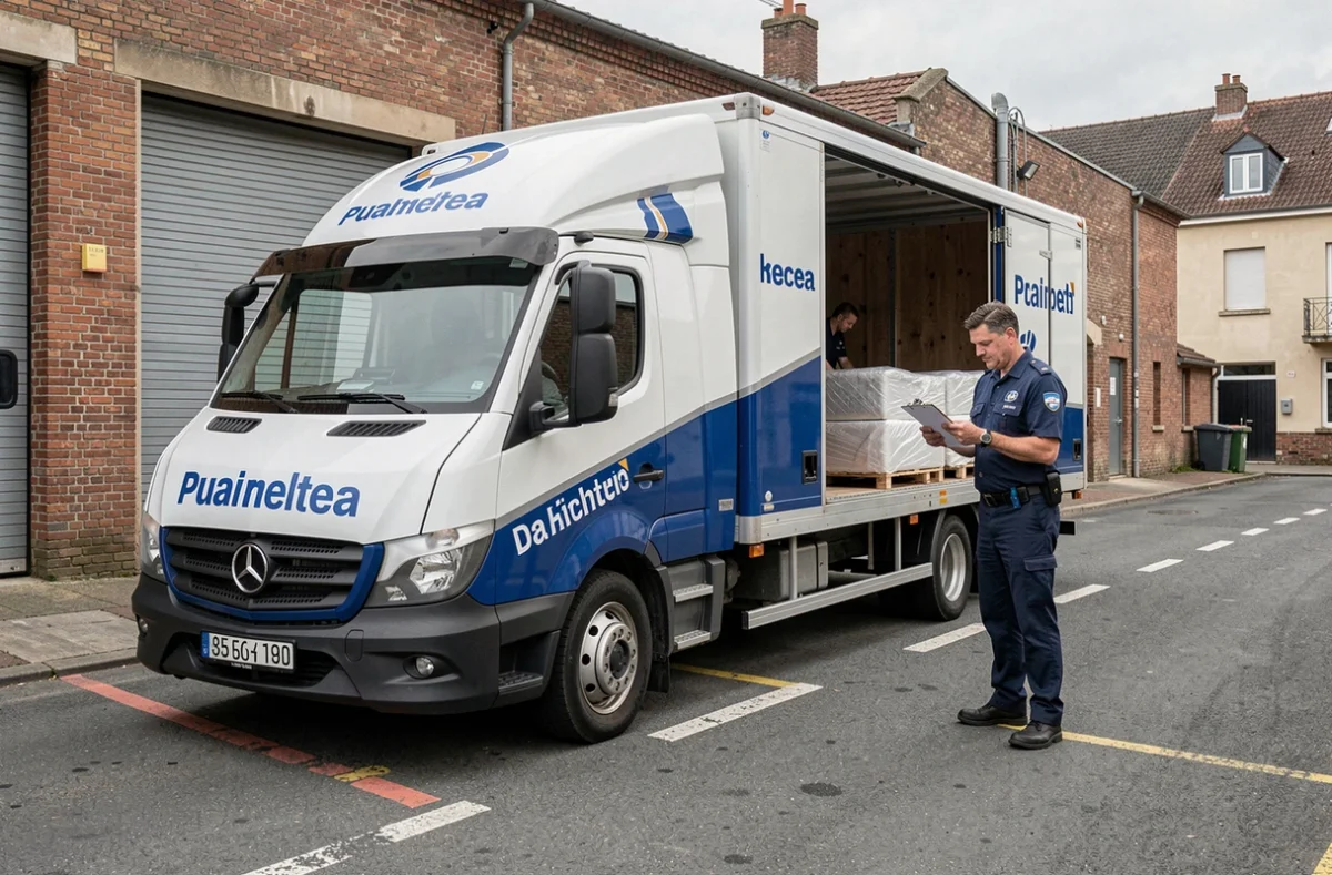 Camion de Demeco - Déménagements Ferlay Janin chargé devant un quai logistique dans la banlieue lyonnaise