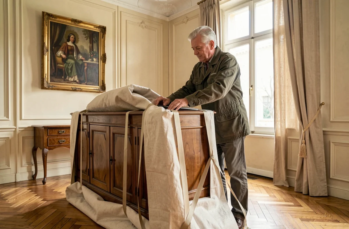 Déménageur expérimenté de Déménagements Ivens emballant un meuble ancien avec soin dans un intérieur bourgeois