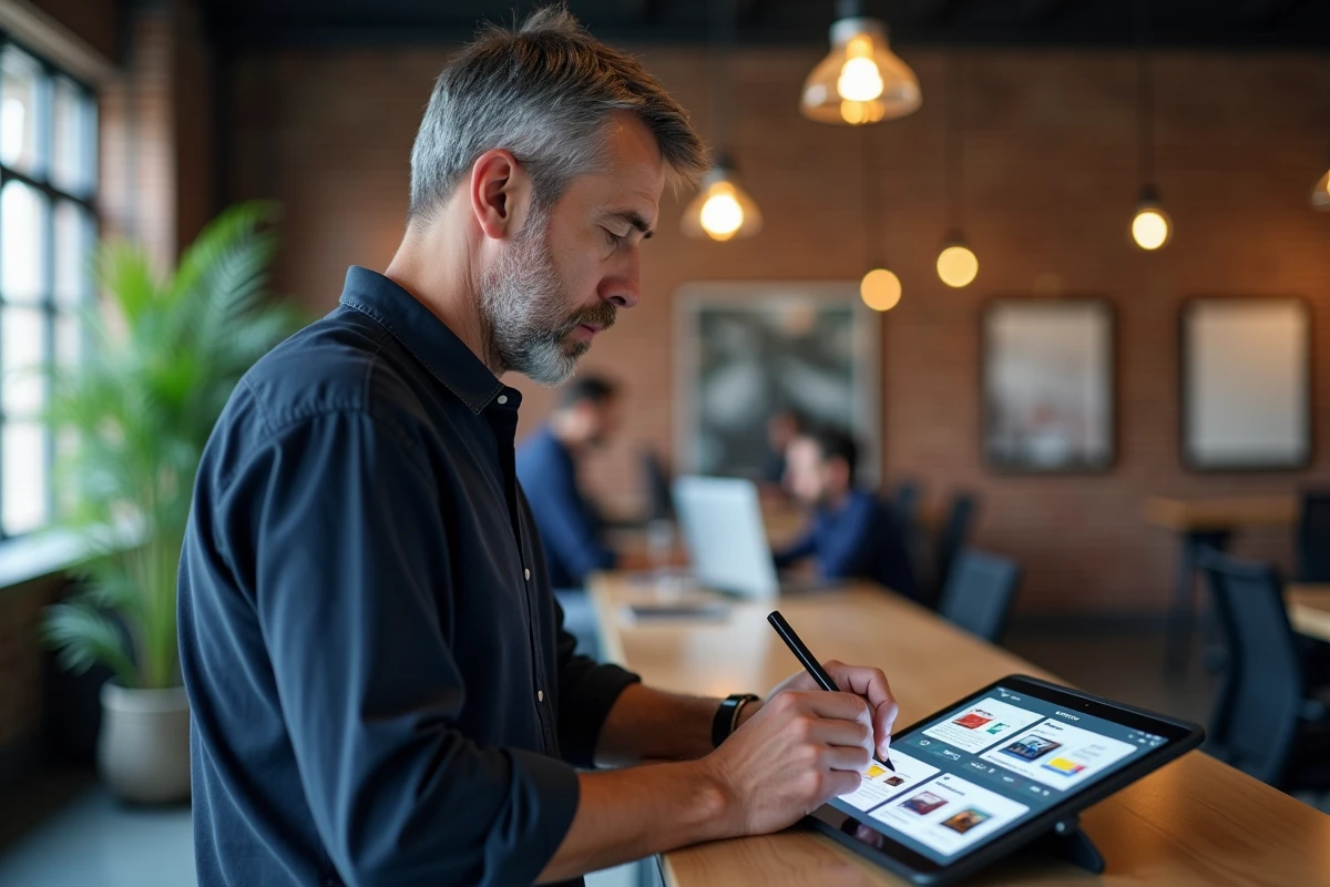 Designer masculin sélectionnant des options de personnalisation pour une carte de vœux animée sur tablette en agence créative