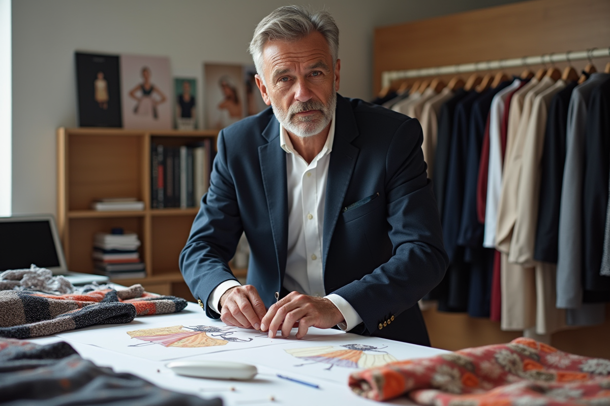 Designer de mode travaillant avec tissus colorés en studio