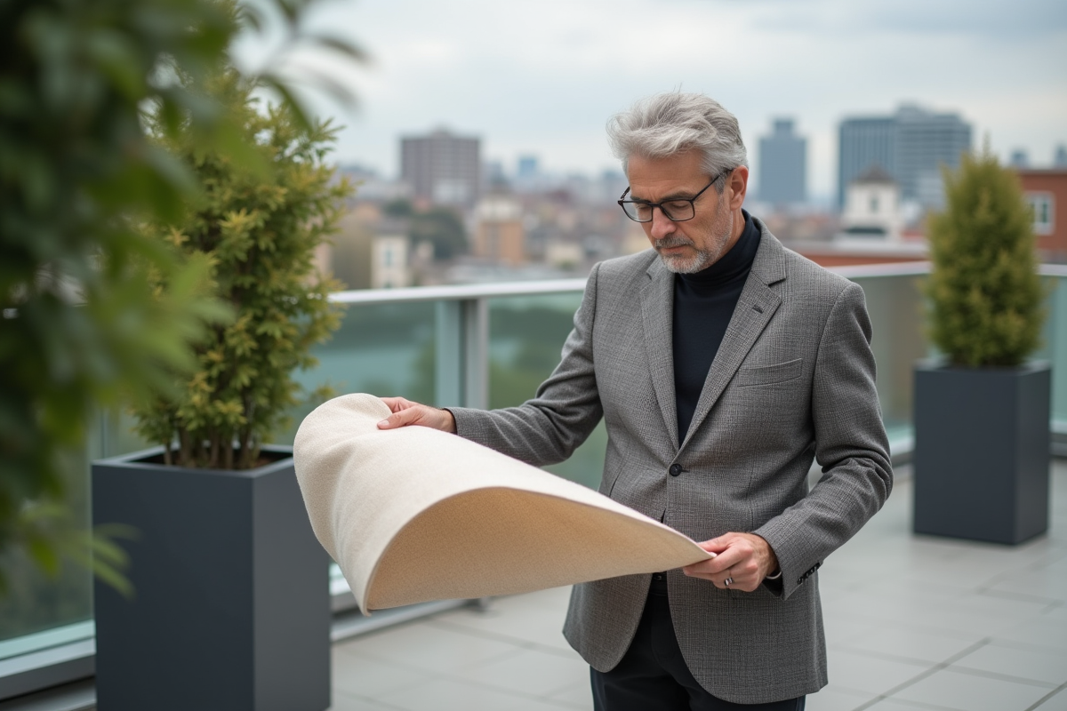 Designer textile examinant un tissu sur une terrasse urbaine