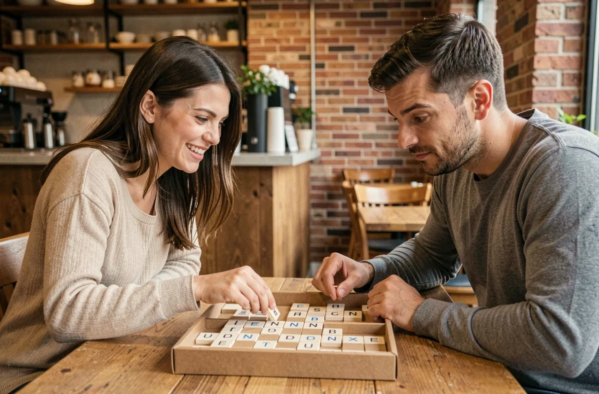 Deux joueurs adultes s'affrontent rapidement au Scrabble autour d'une table de café en milieu urbain