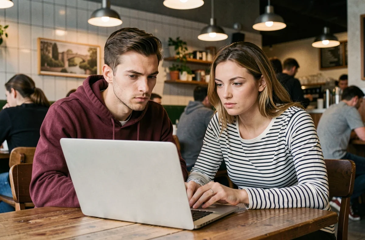 Deux personnes analysant ensemble les pièges d'un site de chat alternatif gratuit dans un café