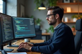 Développeur web analysant des redirections URL et chaînes de redirection sur double écran en 2026