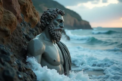 Sculpture grecque antique du dieu de la mer émergeant des vagues sur une falaise côtière dramatique