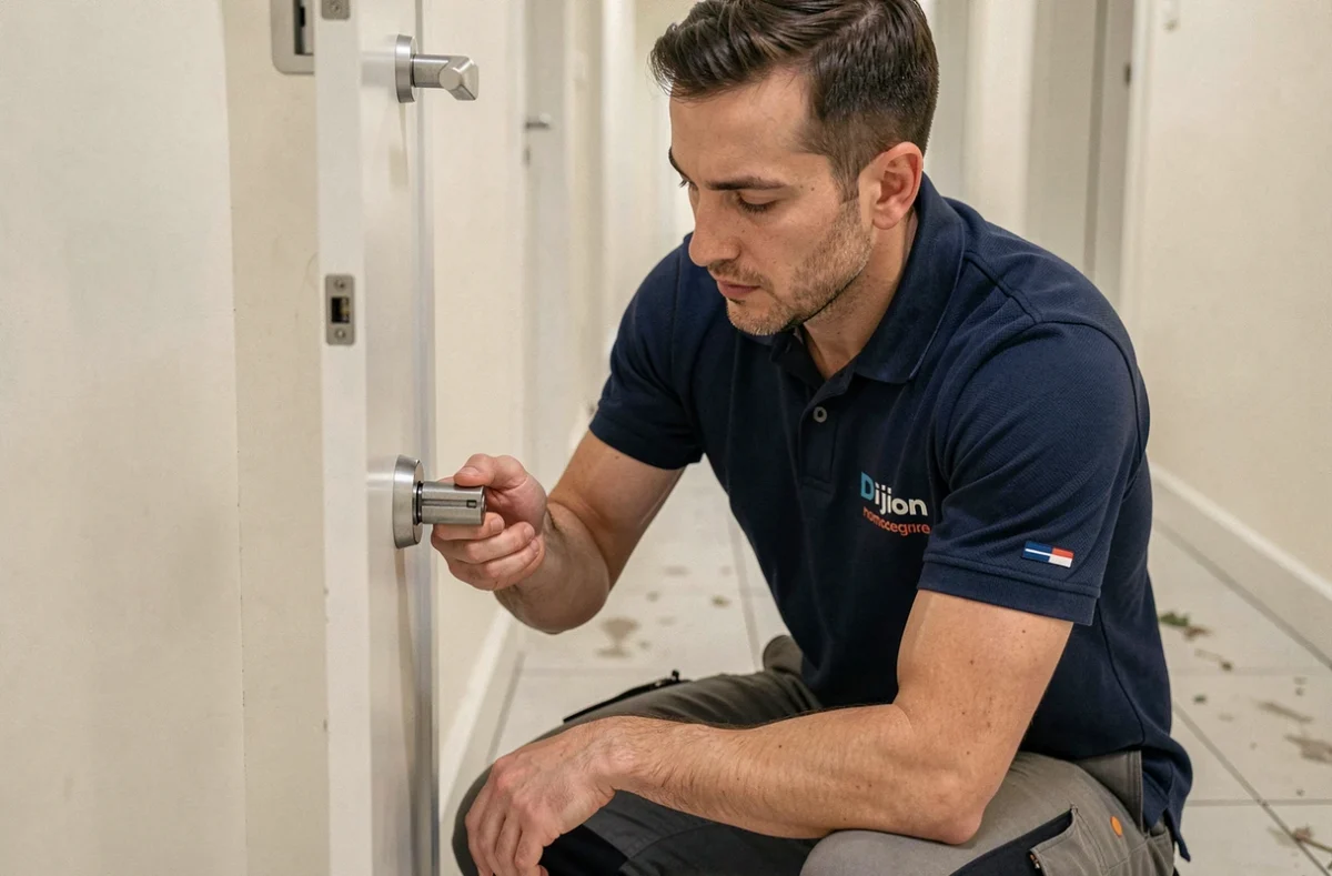 Serrurier de Dijon-Serrurerie.fr inspectant une serrure de porte d'appartement à Dijon