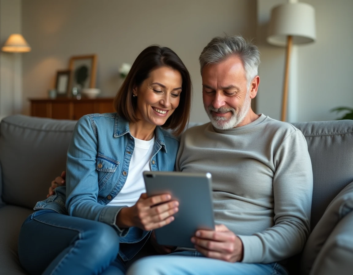Deux adultes découvrant ensemble le guide epsilonscan FR sur une tablette dans un salon moderne