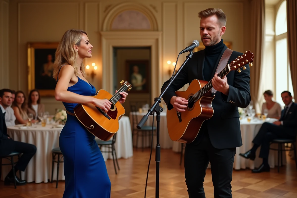 Duo de musiciens live jouant des chansons françaises des années 60 lors d'un mariage dans un salon élégant avec parquet et fenêtres en arc