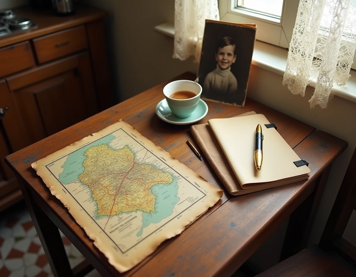 Vue en plongée d'objets anciens sur une table en bois évoquant l'enfance et les origines familiales avec une photo sépia, une carte régionale et des cahiers d'école vintage