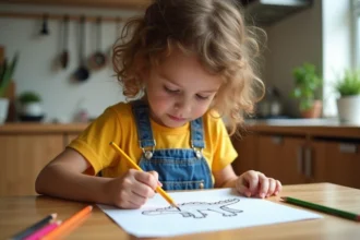 Jeune fille dessinant un dinosaure facile avec des crayons de couleur sur une table en bois dans une cuisine familiale