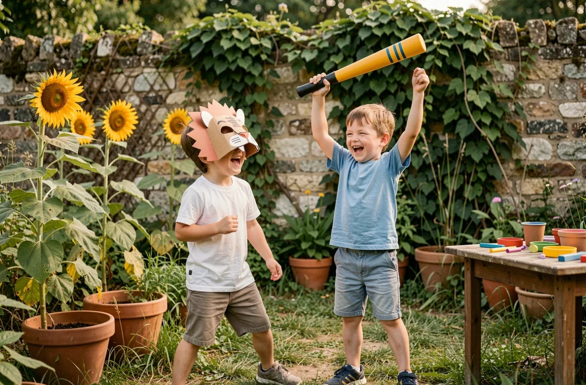 Deux garçons jouant à reconstituer les travaux d'Hercule dans un jardin méditerranéen avec masque de lion en carton