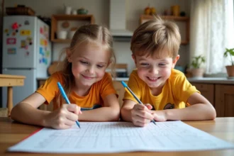 Garçon et fille jouent à la bataille navale dans la cuisine