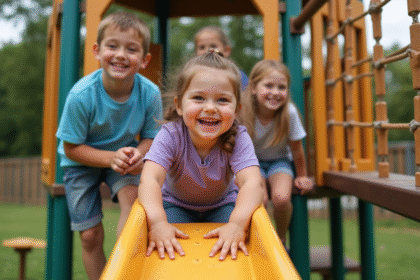 Groupe d'enfants jouant dans un parc ensoleille avec structure en bois
