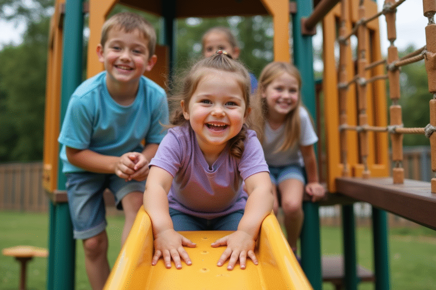 Groupe d'enfants jouant dans un parc ensoleille avec structure en bois
