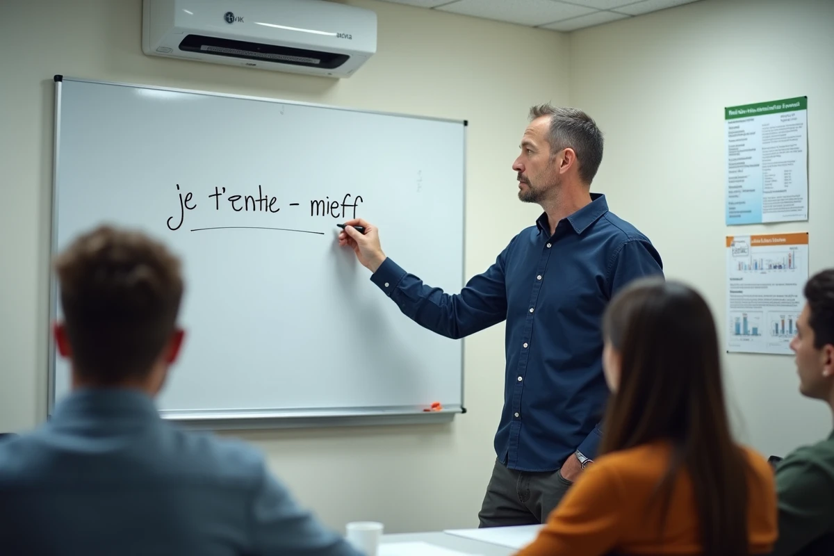Homme enseignant écrivant des verbes français au tableau en classe moderne