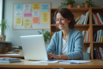 Professeure souriante utilisant Mon Bureau Numerique en classe