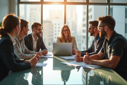 Groupe de professionnels souriants en réunion de travail