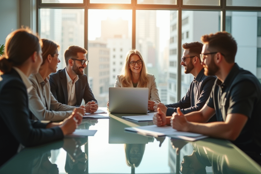 Groupe de professionnels souriants en réunion de travail