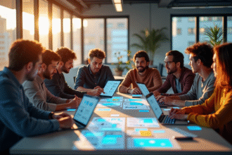 Equipe créative collaborative autour de wireframes colorés
