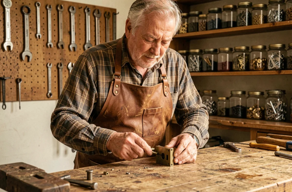 Artisan des Etablissements Jacquot réparant une serrure ancienne dans son atelier traditionnel en Côte-d'Or