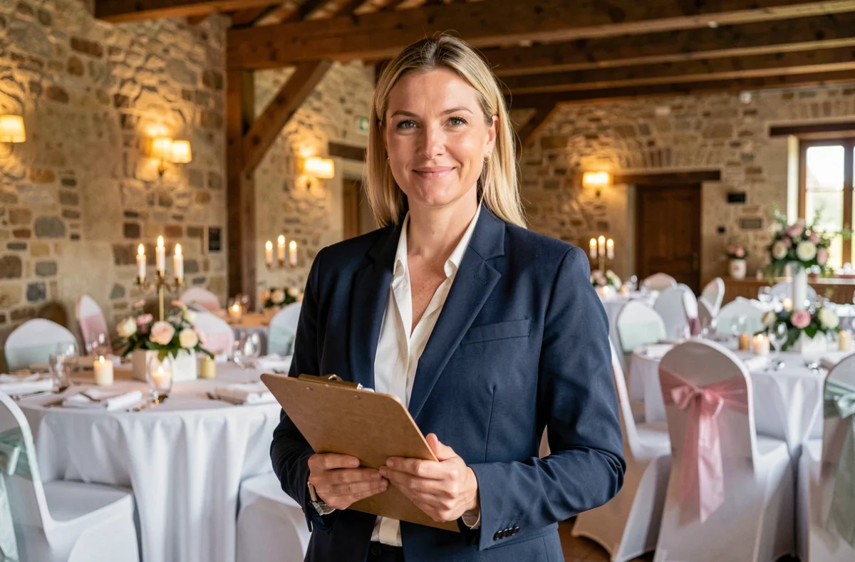 Coordinatrice événementielle devant une salle de réception décorée à Ollainville pour Event-Evenements