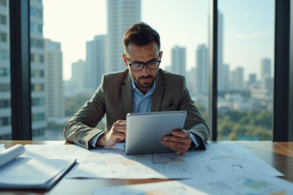 Expert en urbanisme examinant une carte et une tablette dans un bureau lumineux