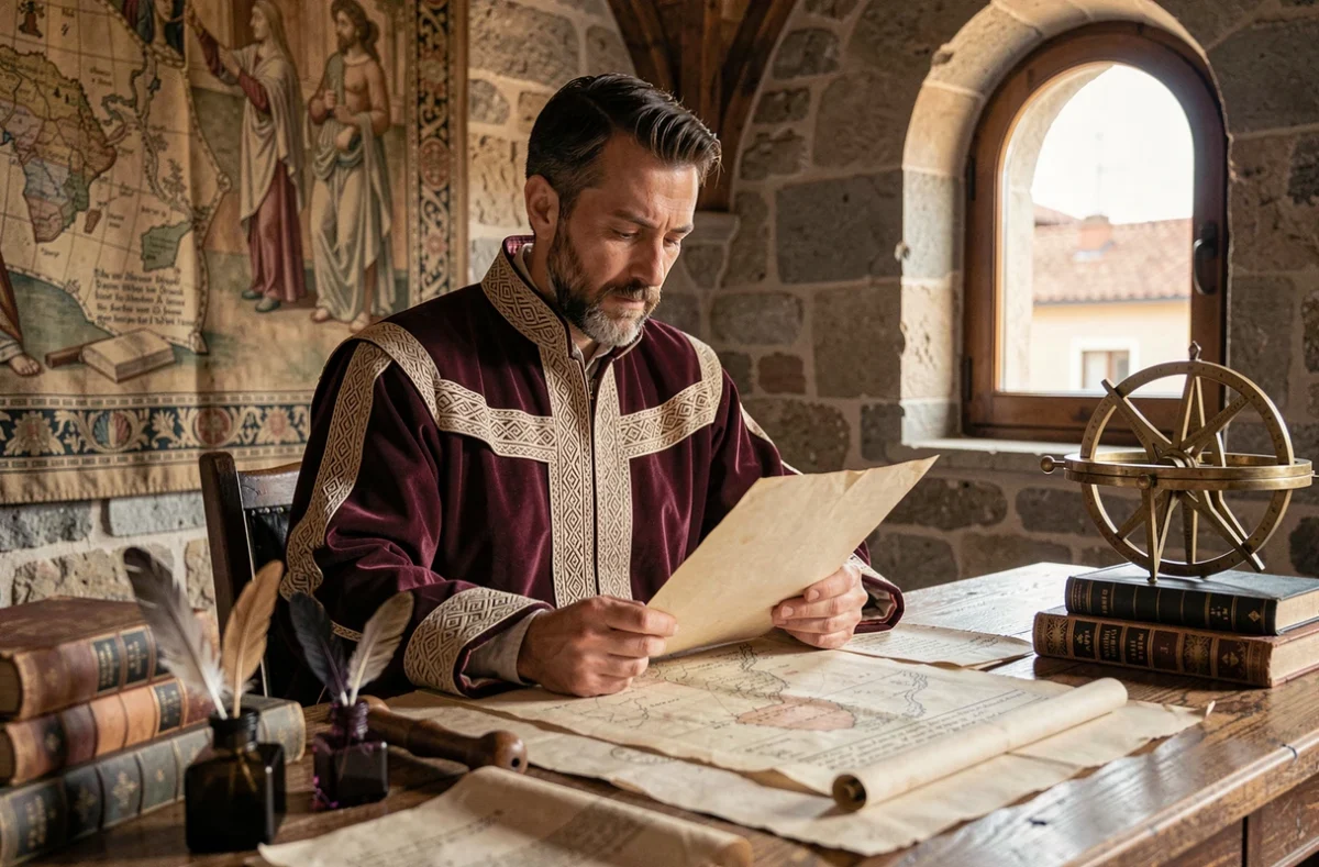 Homme en robe de la Renaissance assis à un bureau de pierre étudiant des cartes anciennes, évoquant la vie intellectuelle et les quêtes d'Ezio Auditore da Firenze