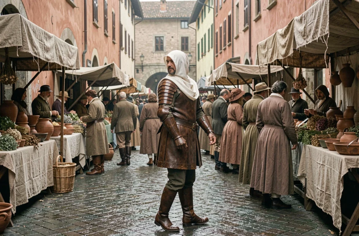 Vue grand angle d'un marché médiéval florentin avec un homme en costume de la Renaissance traversant la foule, illustrant les déplacements et quêtes d'Ezio Auditore