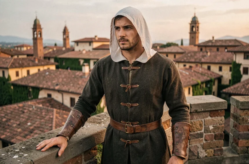 Homme en costume de la Renaissance italienne debout sur des remparts de pierre surplombant Florence, représentant le style d'Ezio Auditore dans Assassin's Creed
