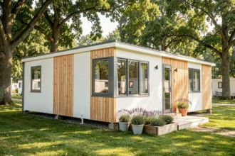 Mobil-home français moderne avec bardage bois blanc et terrasse en bois dans un cadre naturel verdoyant