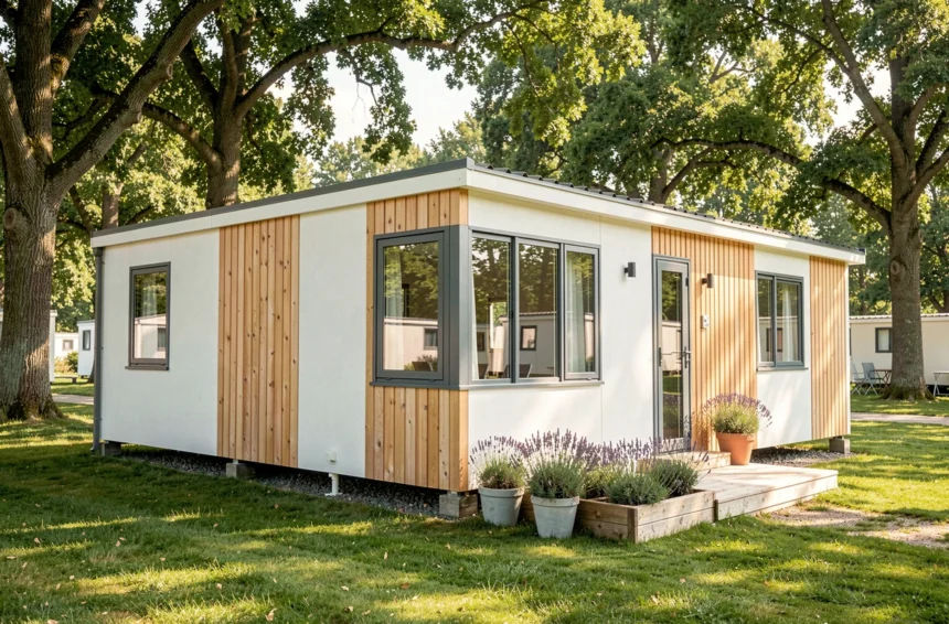 Mobil-home français moderne avec bardage bois blanc et terrasse en bois dans un cadre naturel verdoyant