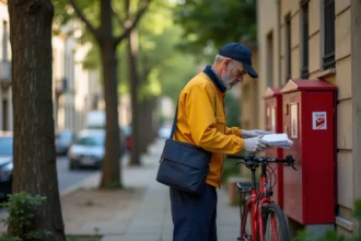 Facteur La Poste en uniforme jaune et marine triant le courrier près de son vélo rouge dans une rue résidentielle française