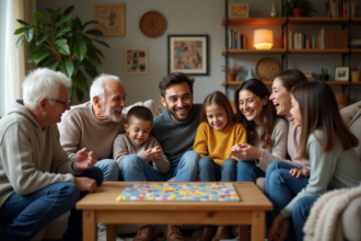 Famille multigenerations réunie dans un salon chaleureux