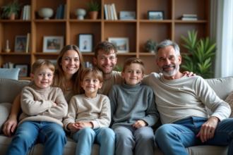 Famille recomposée assise dans le salon chaleureux