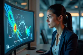 Femme concentrée analysant une simulation fluide sur un écran