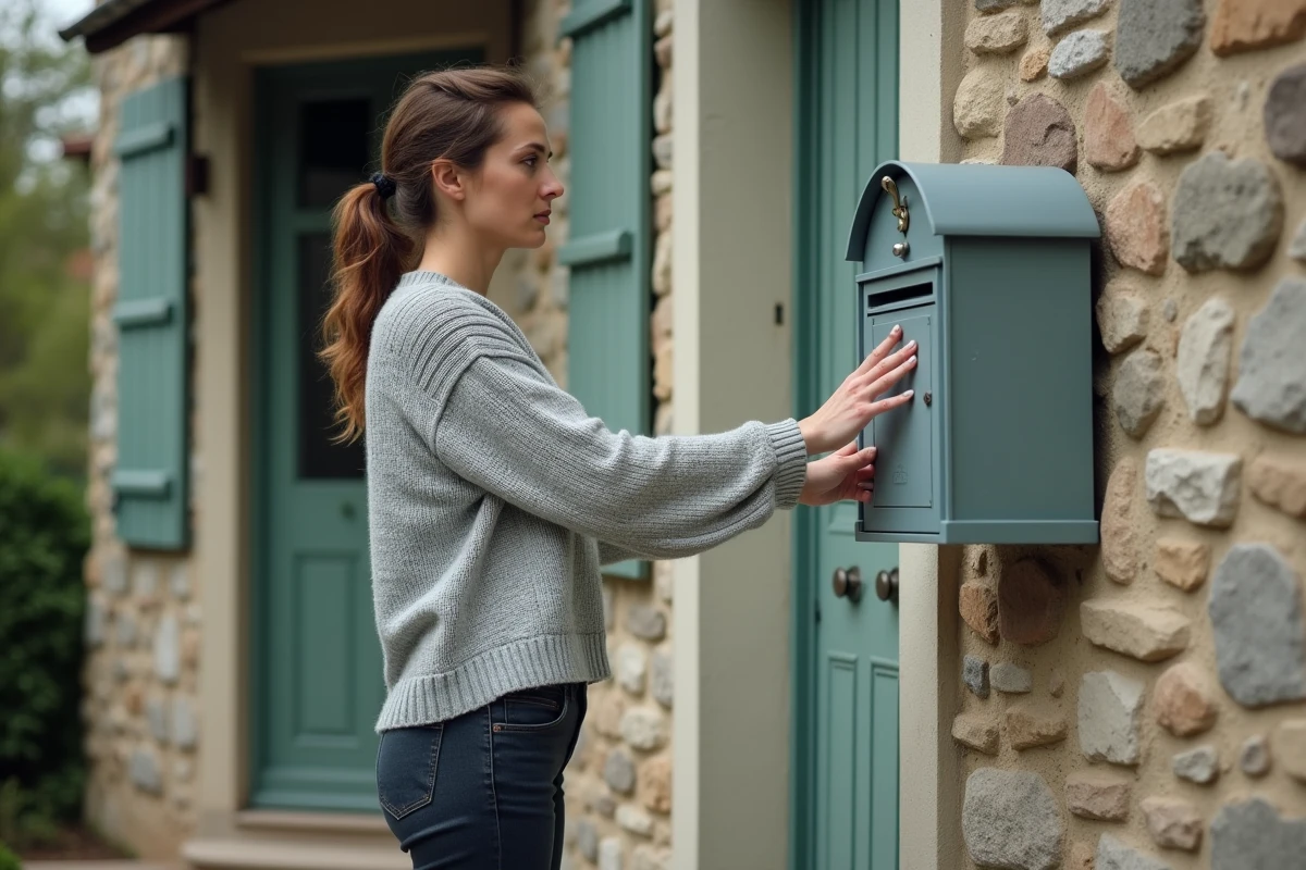 Femme vérifiant sa boîte aux lettres vide devant sa maison en attendant le passage du facteur
