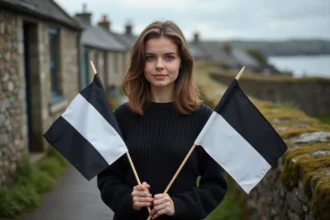 Jeune femme bretonne avec drapeaux côte mer