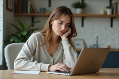 Femme concentrée travaillant sur son ordinateur dans un bureau moderne
